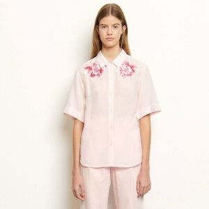 SANDRO Pink Floral Linen Shirt With Embroidery | Size XS